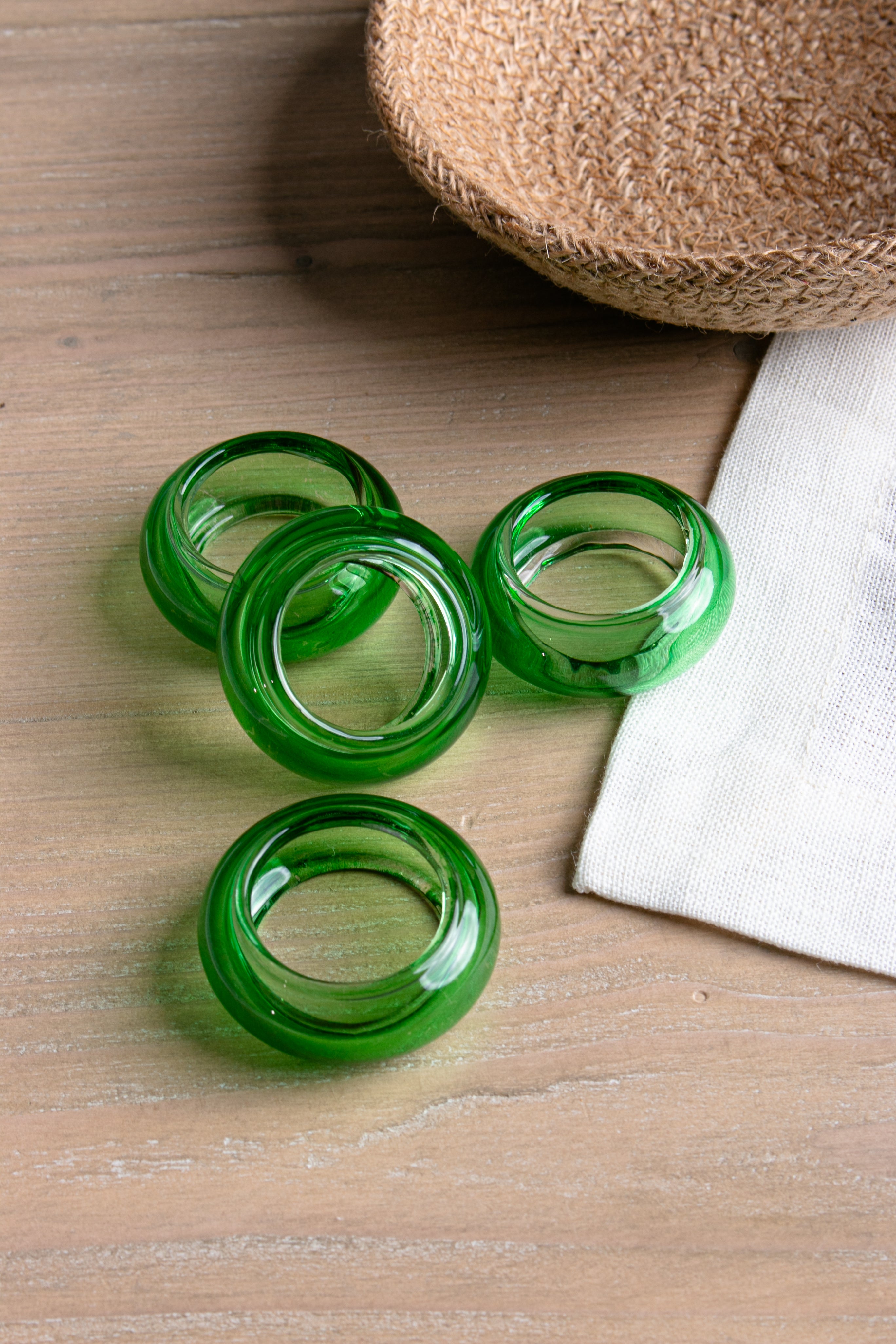 Green Glass Napkin Rings - Set of 4